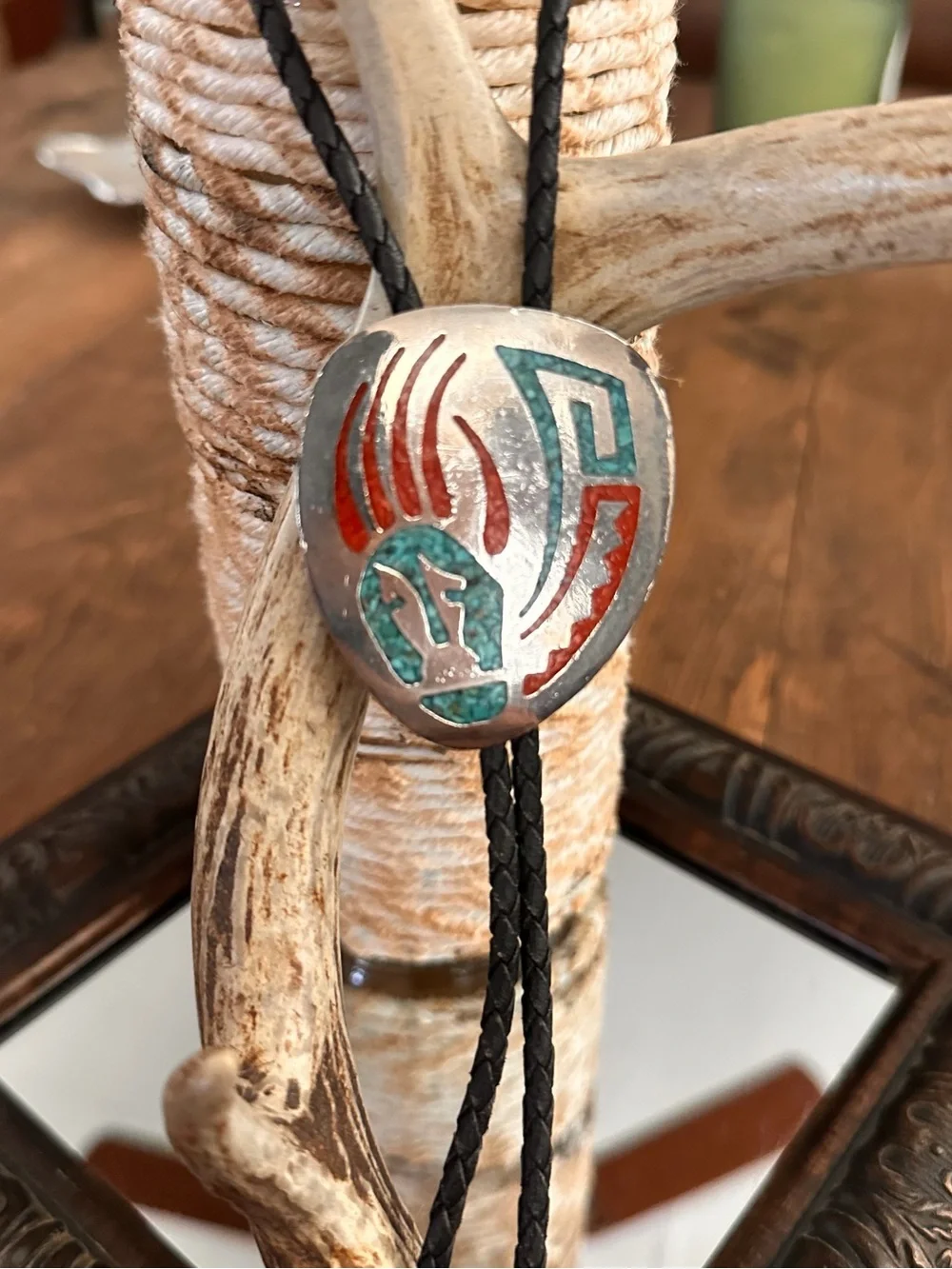 Southwest Nickel Silver Turquoise and Coral Chip Inlay Bolo Necklace Marked TT